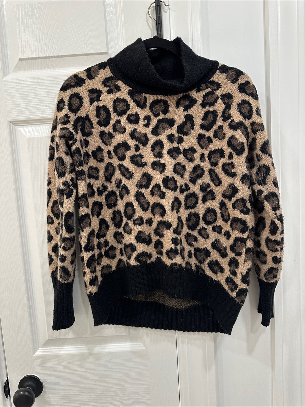 Cynthia Rowley Black and Beige Leopard Cowl Neck Sweater